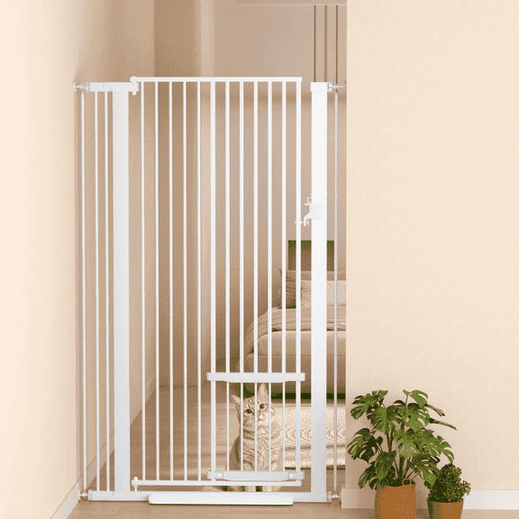 Korimefa 55.11" Extra Tall Pet Dog Gate with Cat Door, Pressure Mount No Drill 29.5"-37.4" Wide Safety Gate for Stairs Kitchen Hallway, White