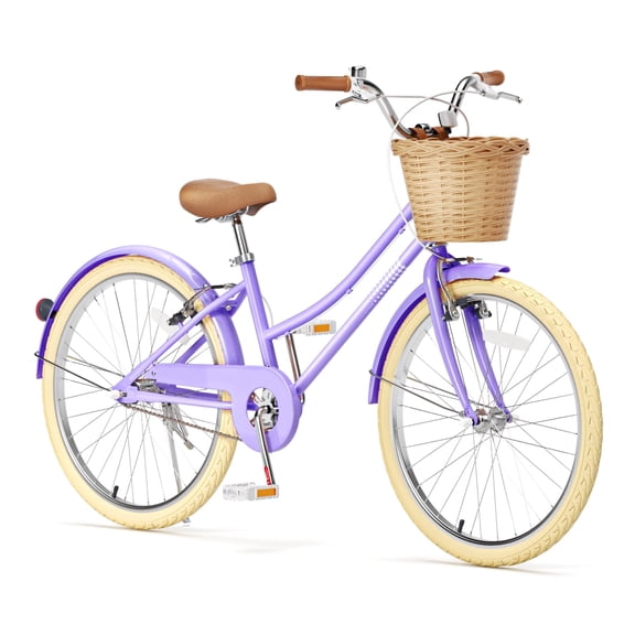 Korimefa 24 inch Cruiser Bike for Girls Youth 8+ Years Old, Kid Bicycle with Wicker Basket & Lightweight & Adjustable Seat Height & High-Carbon Steel Frame & Handbrake & Kickstand,Purple