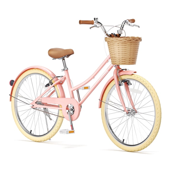 Korimefa 24 inch Cruiser Bike for Girls Youth and 8-16 Years Old, Kid Bicycle with Wicker Basket & Lightweight & Adjustable Seat Height & High-Carbon Steel Frame & Handbrake & Kickstand,Pink