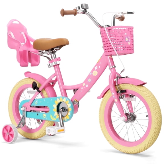 Korimefa Girls Bike for Toddlers 6-9 Years Old Kids, 16 inch Kids Bicycle with Training Wheels, Basket and Doll Seat, Children Bicycles with Handbrake, Pink