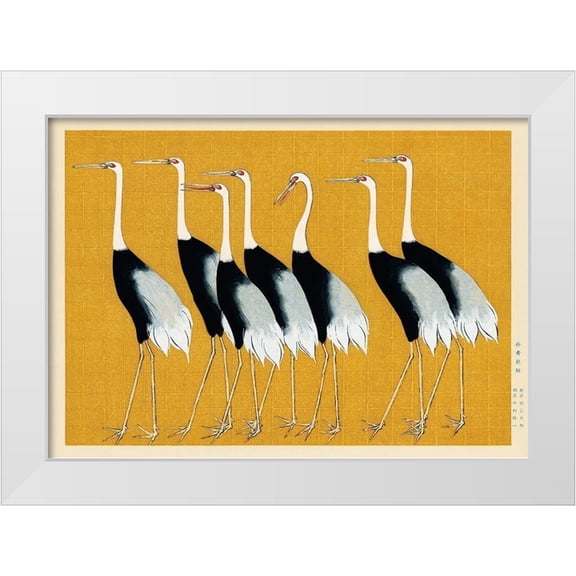 Korin, Ogata 14x11 White Modern Wood Framed Museum Art Print Titled - Flock of Japanese red crown cranes