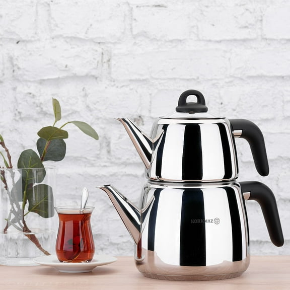 Korkmaz A045 Bella Nora Turkish Teapot Set for Stovetop, 18/10 Stainless Steel Double Tea Maker with Bakalite Handles, Samovar Style Tea Kettle with 33.9 Oz ( 1000ml) & 67.7 Oz (2000ml)