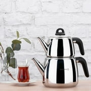 Korkmaz A045 Bella Nora Turkish Teapot Set for Stovetop, 18/10 Stainless Steel Double Tea Maker with Bakalite Handles, Samovar Style Tea Kettle with 33.9 Oz  1000ml & 67.7 Oz 2000ml