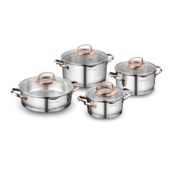 Korkmaz A1040 Rosanna Cooking Pot Set 8 Pieces Stainless Steel Cookware Set with Glass Lid