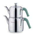 thumbnail image 1 of Korkmaz A189-03 Riva Turquoise Turkish Teapot Set for Stovetop, 18/10 Stainless Steel Double Tea Maker with Heat Resistant Handles, Samovar Style Tea Kettle with 37.2 Oz (1100ml) & 64.3 Oz (1900ml), 1 of 4