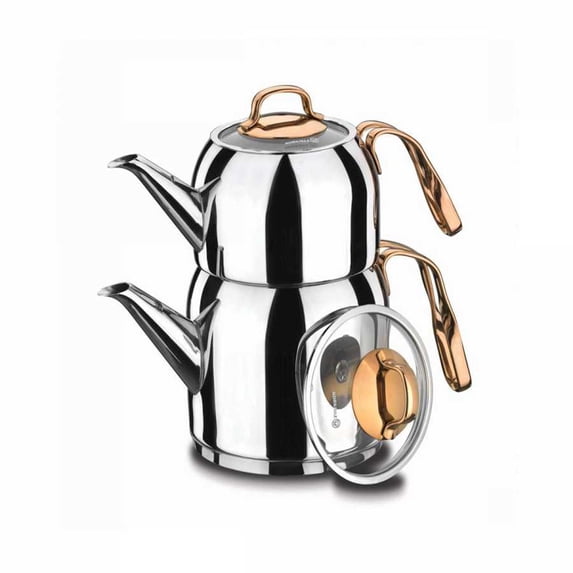 Korkmaz A192 Rosanna Turkish Teapot Set for Stovetop, 18/10 Stainless Steel Double Tea Maker with Heat Resistant Handles, Induction Compatible Samovar Style Tea Kettle with 30 Oz (900ml) &54Oz(1600