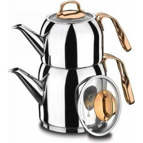 Korkmaz A192 Rosanna Turkish Teapot Set for Stovetop, 18/10 Stainless Steel Double Tea Maker with Heat Resistant Handles, Samovar Style Tea Kettle with 30 Oz (900ml) & 54 Oz (1600ml)