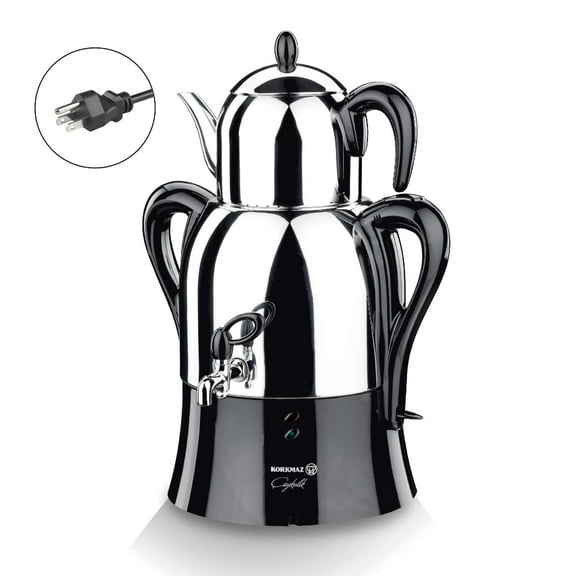 Korkmaz Caykolik A341-14 Stainless Steel Samovar 4.1 L, 138.5 Oz Electric Tea Maker, Inox, Chrome, Black 110 V US Plug 4.3-Quart