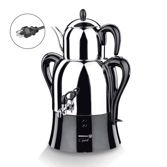 Korkmaz Caykolik A341-14 Stainless Steel Samovar 4.1 L, 138.5 Oz Electric Tea Maker, Inox, Chrome, Black 110 V US Plug 4.3-Quart