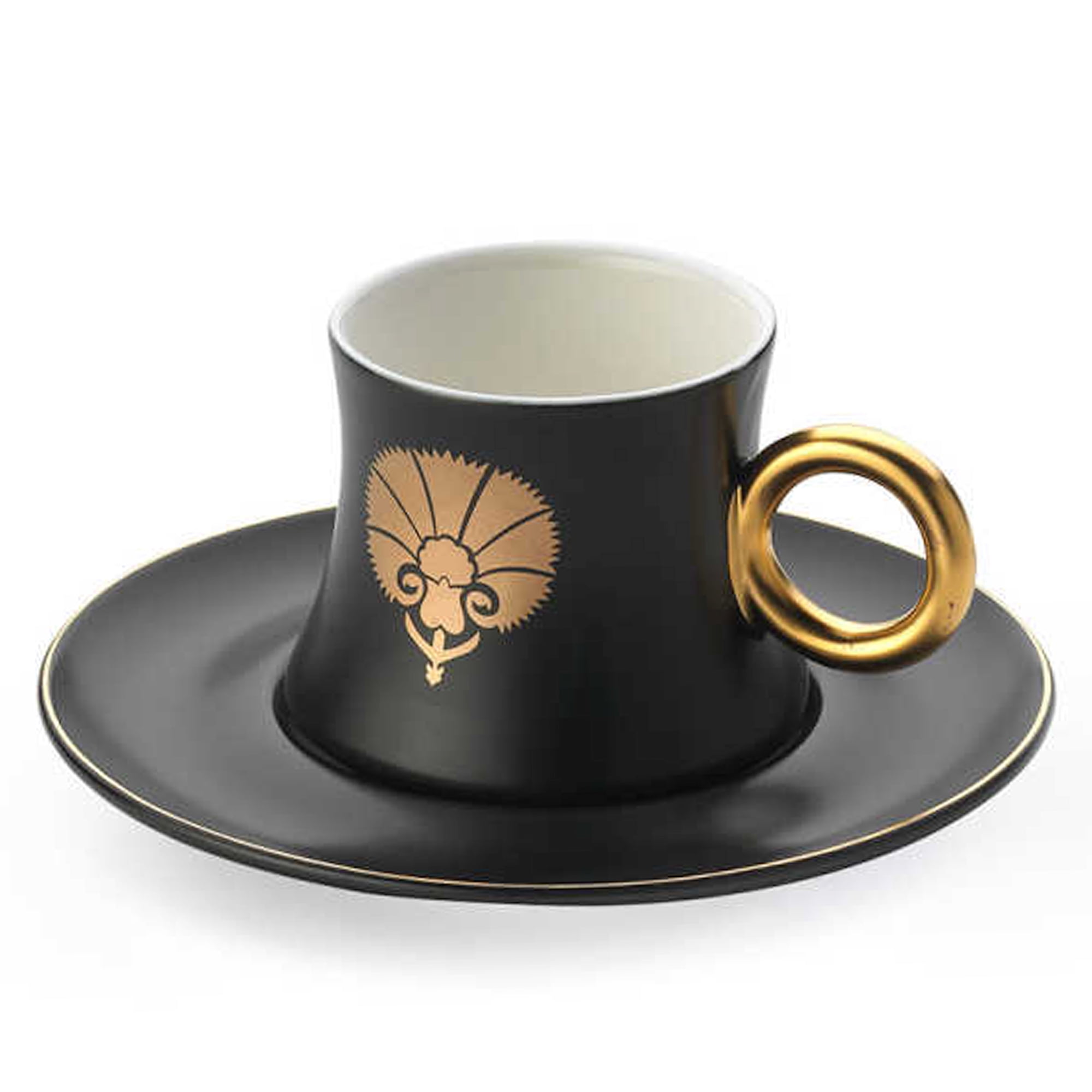 Korkmaz Freedom Turkish Coffee Cups Set of 6 | Elegant Black Porcelain Espresso Cups with Saucers | 12 Piece Gift Box Demitasse Set | Fancy Turkish Arabic Greek Coffee Cups with Handles in Gold, 3 oz