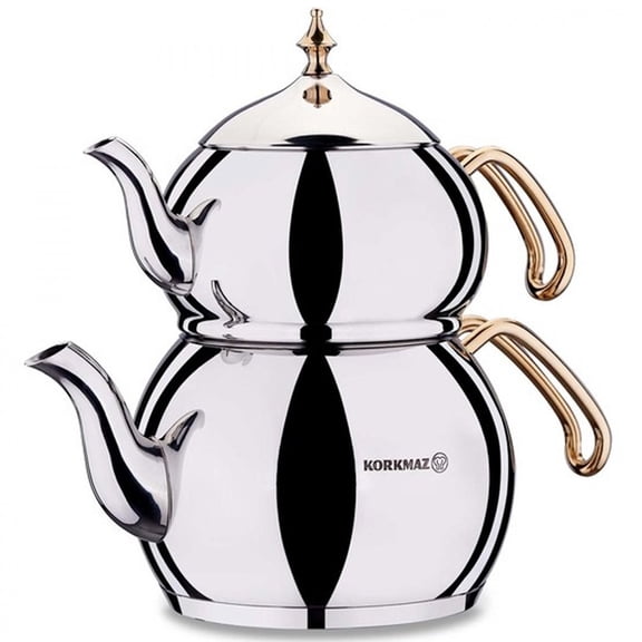 Korkmaz Hanedan Gold Turkish Teapot Set for Stovetop, 18/10 Stainless-steel Double Tea Maker with Ergonomic Gold Handles, 3.3 qt
