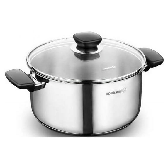 Korkmaz Kappa Stainless Steel Cooking Pots with Glass Lids, Deep Steel Casseroles, Multipurpose Cookware, Small 3.17 qt
