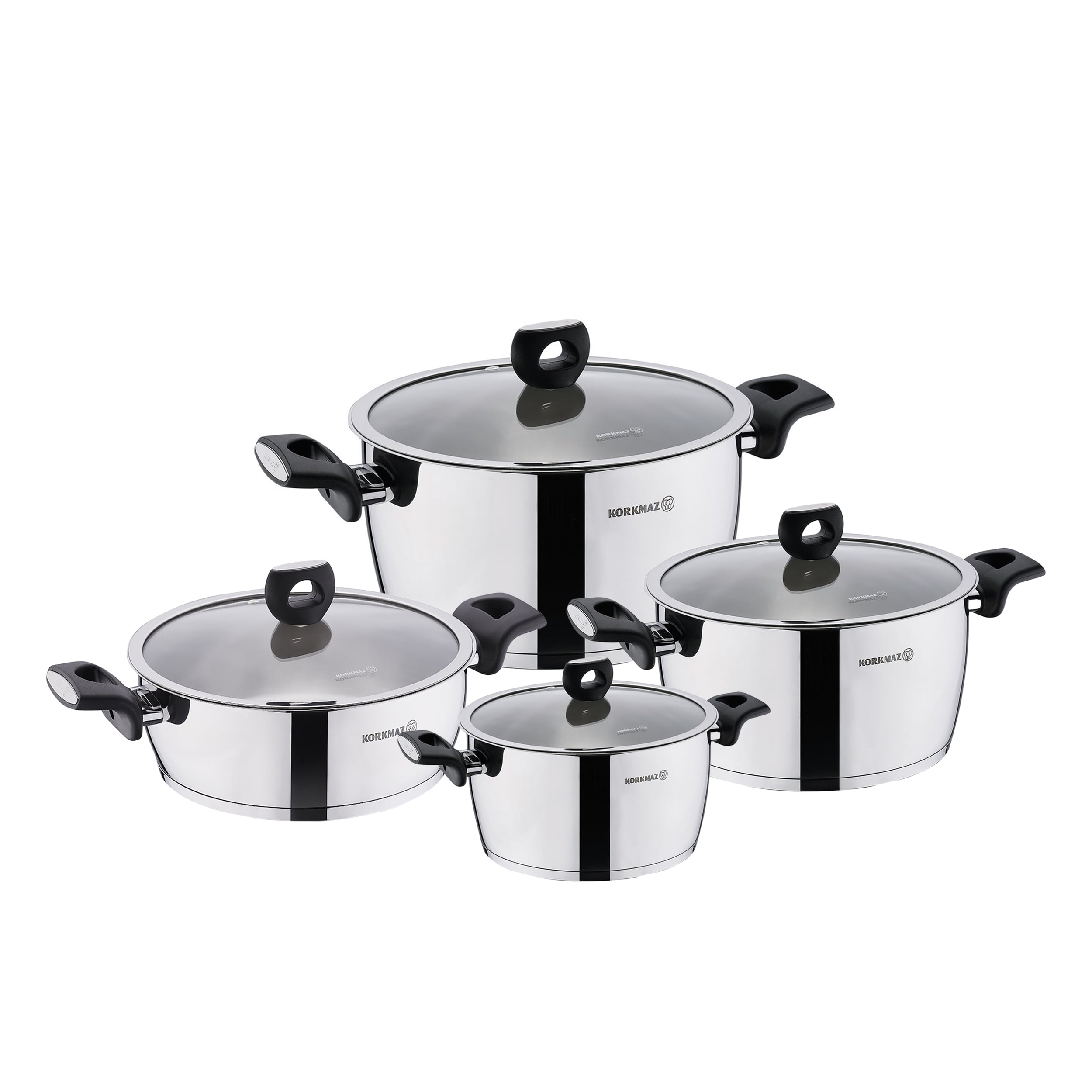 Korkmaz Nora Jr. Cookware Set with Tempered Glass Lids and Bakelite  Handles, 6-Piece Kitchen Polished Chef's Classic Stainless Steel Pots  Collection