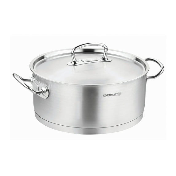 Korkmaz Proline Stainless Steel Low Casserole Saute Pot Stockpot With Lid and Handles Silver