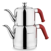 Korkmaz Riva Red Stainless Steel Double Tea Pot Set, Turkish Polished Kettle Samovar Style Tea Maker, For 4-5 People, Tea Kettle for Loose Leaf Tea with Bakelite Handles, 3.17 qt