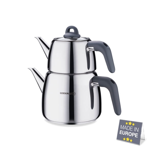 Korkmaz Stainless Steel Turkish Tea Pot Set with Bakelite Handles, Gray 3 L, Induction with Capsulated Base