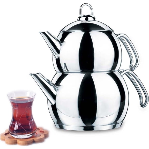 Korkmaz Tombik tea pot set is perfect quality, stainless steel, good size Turkish tea pot for a family.