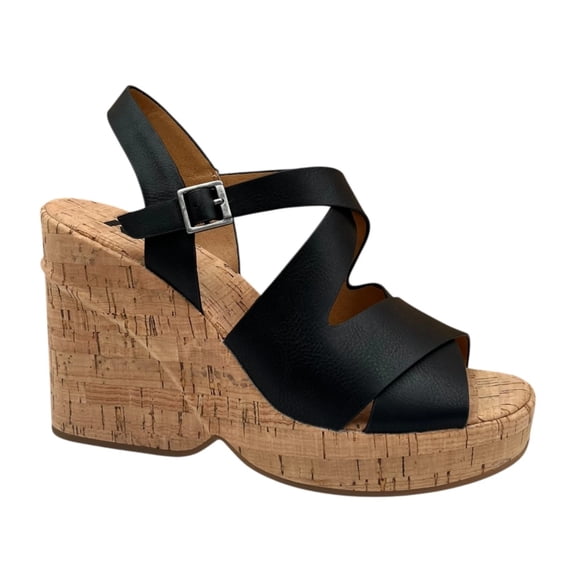Korks Brigitte Women's 4" Wedge Platform Sandal Size 8 Black/Tan Open Toe Style