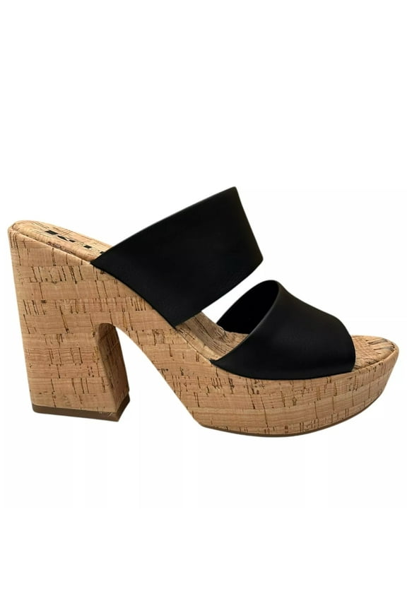 Dezi Womens Cork Platform Sandal Size 9 Black/Tan Strappy Style Block Heel