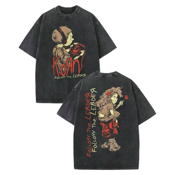 Korn Double Sided Graphic Casual Loose Streetwear Short Sleeve Top for Men & Women Unisex Y2k Vintage Washed Cotton T Shirt