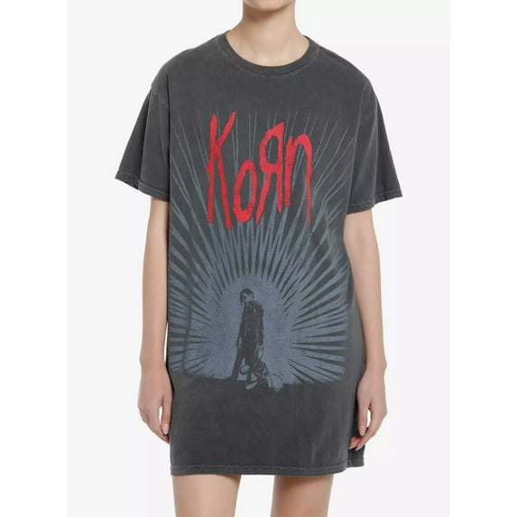 Korn Women's Radiating Light Oversized Relaxed Fit Vintage Wash Tee T-Shirt Dress (Medium, Black Vintage Wash)