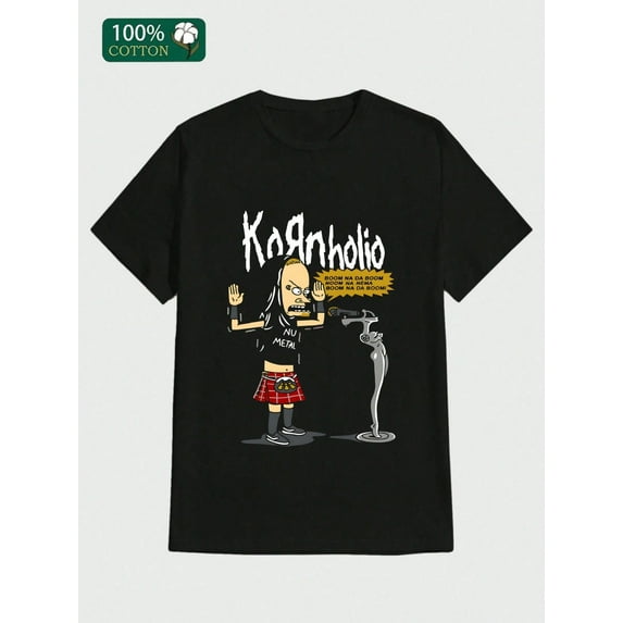 Kornholio Korn Punk Metal Band T-shirt Casual Print, Comfortable and Versatile, Letter Pattern Pure Cotton 220g Printed T-shirt 100% Cotton