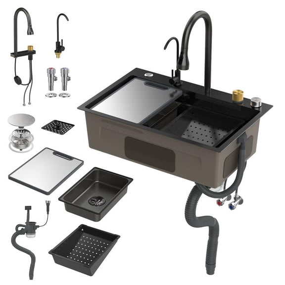 Korogimeeet 27 Inch Black Workstation Sink, Nano Stainless Steel with Pull Out Faucet, Sliding Cutting Board and Drain Rack, for Modern Farmhouse Kitchen