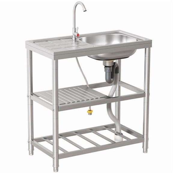 Korogimeeet 3 Tier Outdoor Sink 75x40x80cm, Stainless Steel Utility Sink with Single Bowl, Drainage Board and Storage Shelves, for Backyard RV Camping