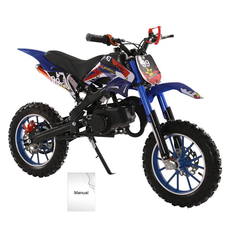 Korogimeeet 49cc 2-Stroke Blue Mini Motocross, Gas Powered Off-Road Bike, Inverted Hydraulic Shock Absorption, 10 Inch Tires, 40KM/H Max Speed, 1.8L Fuel Tank, 150kg Load, 47 x 30 Inch