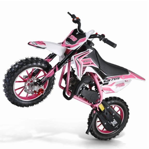 Korogimeeet 49cc 2-Stroke Pink Gas Mini Motorcycle, Hand-Pull Start with Infinitely Variable Gear, 10 Inch Off-Road Tires, Dual Disc Brakes, 30KM/H Max Speed, 150kg Capacity, 47 x 28 Inch