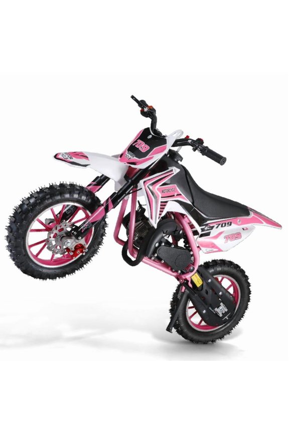 49cc 2-Stroke Pink Gas Mini Motorcycle, Hand-Pull Start with Infinitely Variable Gear, 10 Inch Off-Road Tires, Dual Disc Brakes, 30KM/H Max Speed, 150kg Capacity, 47 x 28 Inch