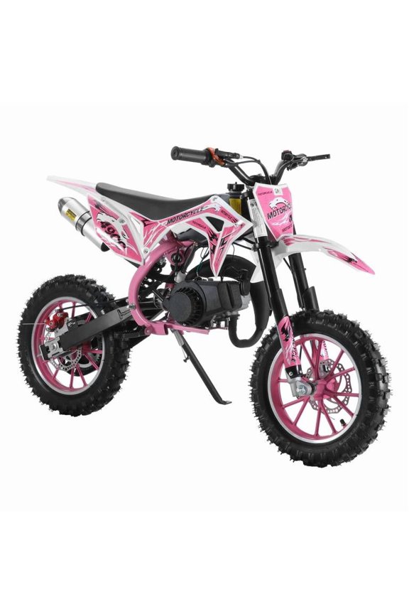 49cc 2-Stroke Pink Mini Dirt Bike, Upgraded Off-Road Motorcycle with 40x20 Square Tube, Steel Disc Brakes, 10 Inch Tires, 40KM/H Max Speed, 150kg, 47 x 28 Inch
