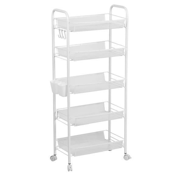 Korogimeeet 5 Tier Stackable Kitchen Storage Cart White, Carbon Steel Wire Basket on Wheels, Mesh Ventilated, 360 Rotating Casters, for Pantry Laundry, 17 x 11 x 41 Inch