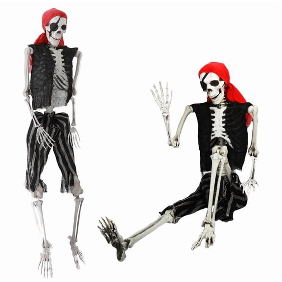 Korogimeeet 65 Inch Halloween Skeleton, Bendable Movable Joints Life Size Pirate Prop, with Headscarf Outfits, for Cemetery Pirate Theme Party, 64 x 15 x 7 Inch