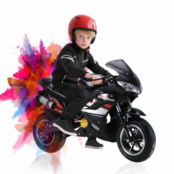 Korogimeeet Black Mini Motorcycle 49cc 4-Stroke Gas Powered, Hydraulic Shock Absorption, Dual Headlights, Front Rear Disc Brakes, 25MPH Max Speed, Strong Load Bearing, 47 x 30 x 14 Inch