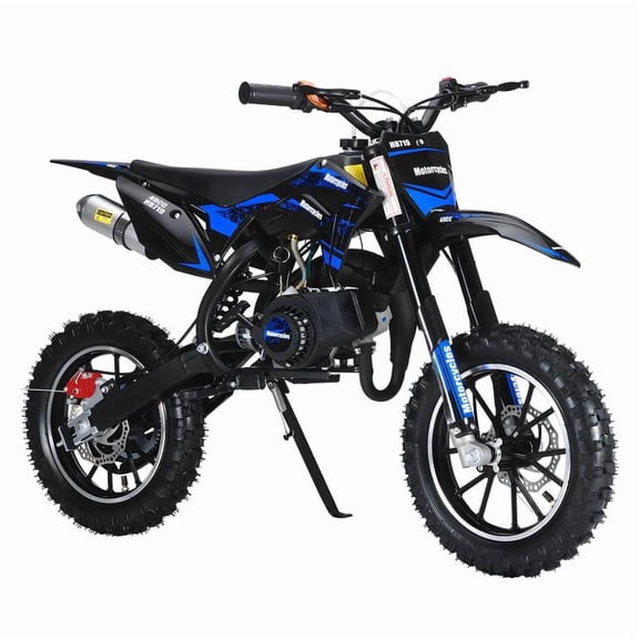Korogimeeet Gas Powered Blue Mini Motorcycle 49cc 2-Stroke, 1.2L Oil Tank, Off-Road Tires, Front Rear Disc Brakes, 25 Mph Max Speed, 330lbs Weight Limit, 47 x 30 Inch