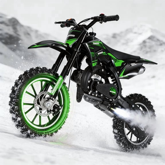Korogimeeet Gas Powered Green Mini Dirt Bike 49cc 2-Stroke, Inverted Hydraulic Shock Absorption, 10 Inch Tires, Dual Disc Brakes, 25 Mph Max Speed, 330lbs Capacity, 47 x 30 Inch