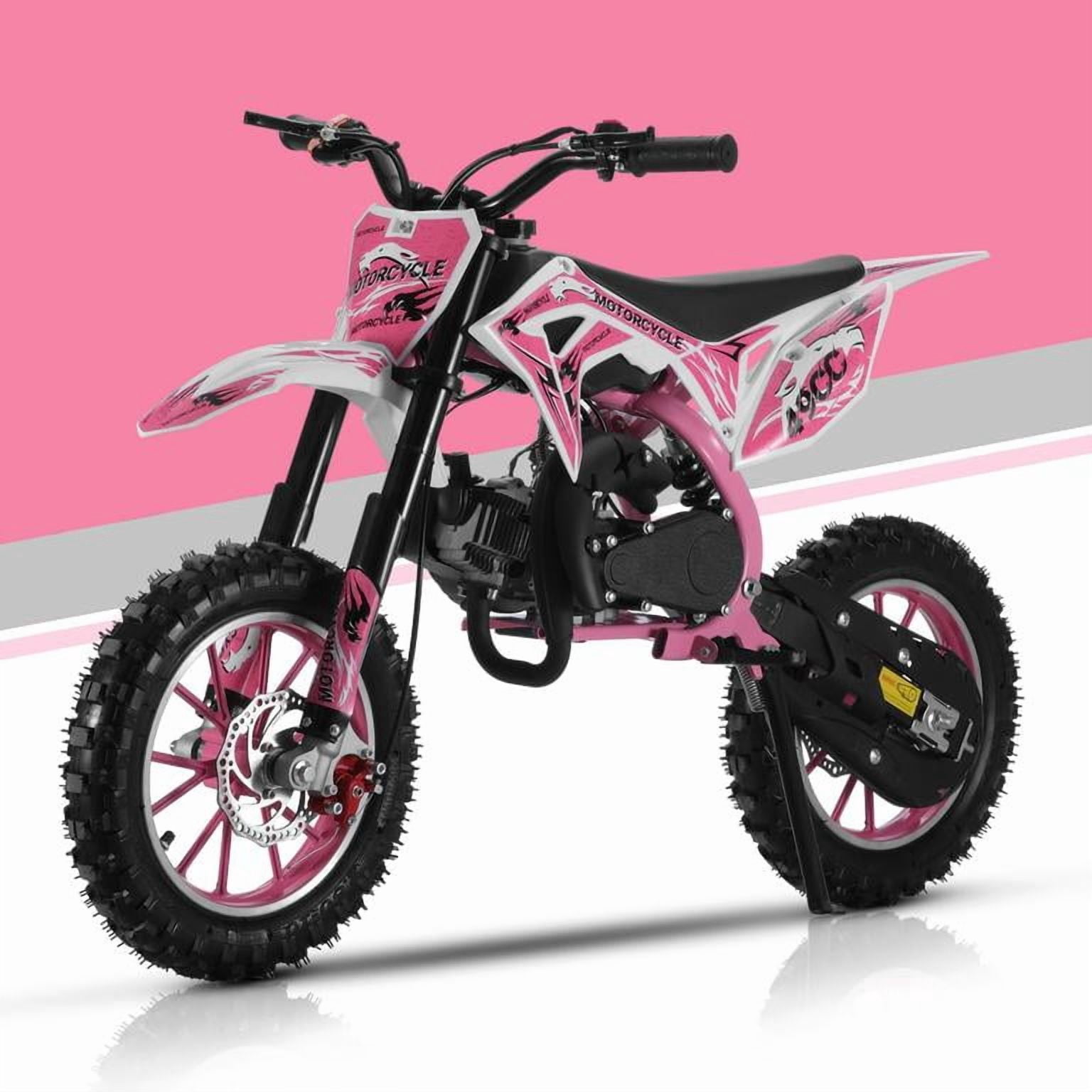 Korogimeeet Pink 49cc 2-Stroke Gas Mini Dirt Bike, Upgraded Rear Fork Spacer Reduces Chain Drop, Disc Brakes, 10 Inch Tires, 40KM/H, 150kg Load, 47 x 28 Inch