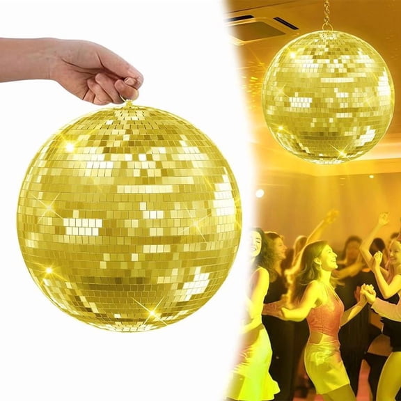 Korogimeeet Gold Mirror Ball for Disco Party, 12 Inch Hanging Disco Ball with Pre-Installed Ring, Glass Mirror Surface, for Wedding Bar Home Decoration, 12 x 12 x 12 Inch