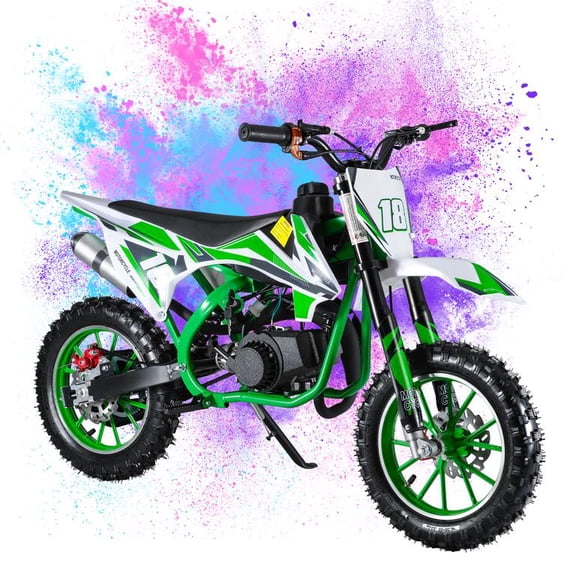 Korogimeeet Green Mini Motorcycle 49cc 2-Stroke Gas Powered, Full-Circle Crankshaft Engine, 10 Inch Off-Road Tires, Front Rear Disc Brakes, Infinitely Variable Gear, 47 x 28 Inch