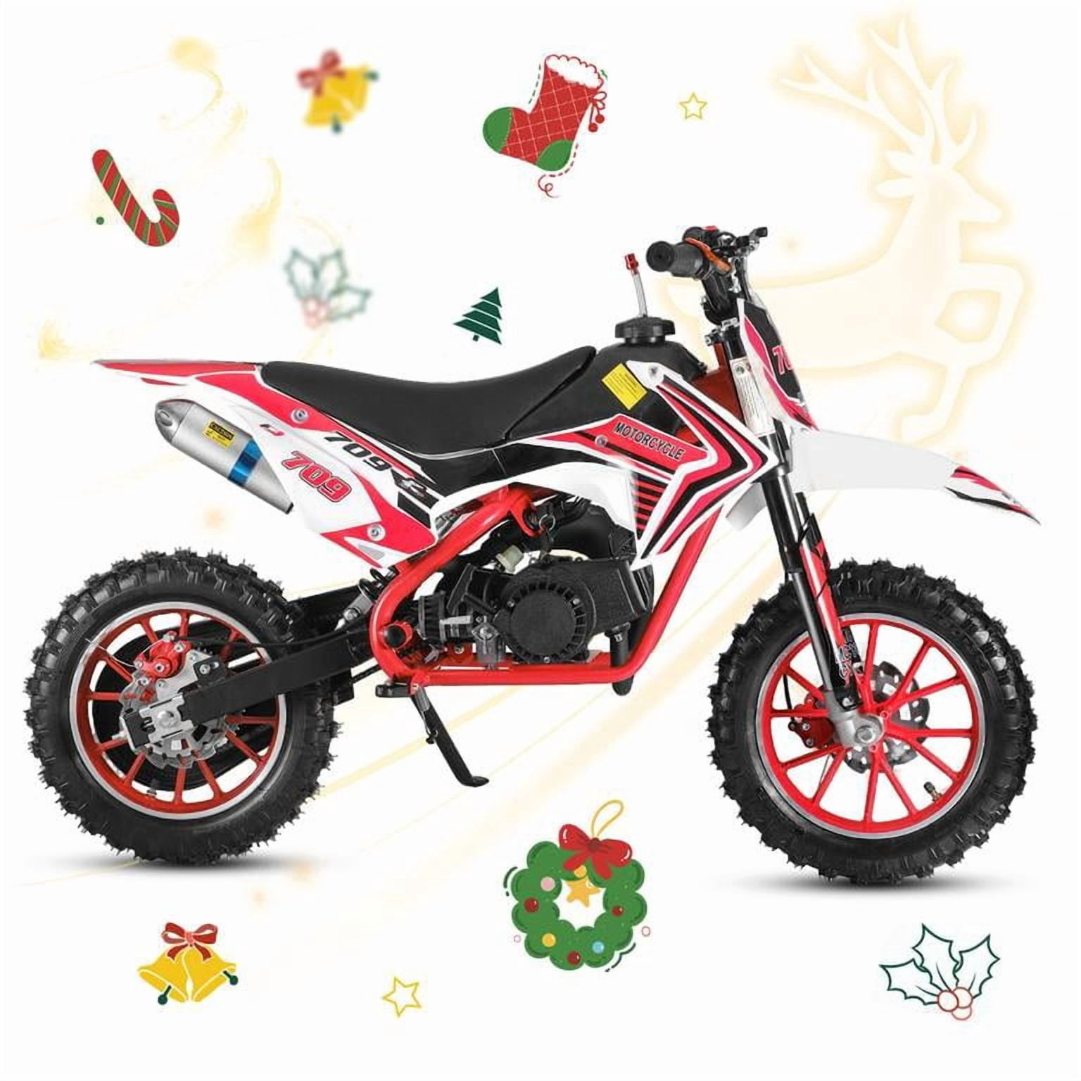 Korogimeeet 49cc 2-Stroke Red Mini Motocross, Gas Powered Off-Road Bike, 10 Inch Anti-Slip Tires, Front Rear Disc Brakes, 30KM/H Max Speed, 1.8L Fuel Tank, 150kg Load, 47 x 28 x 26 Inch