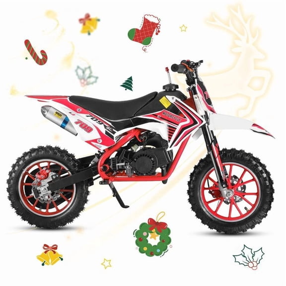 Korogimeeet 49cc 2-Stroke Red Mini Motocross, Gas Powered Off-Road Bike, 10 Inch Anti-Slip Tires, Front Rear Disc Brakes, 30KM/H Max Speed, 1.8L Fuel Tank, 150kg Load, 47 x 28 x 26 Inch
