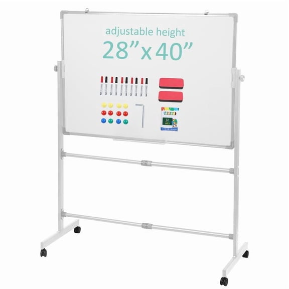 Korogimeeet Rolling White Board Double Sided, Mobile Dry Erase Board Height Adjustable, 360 Silent Wheels, 0.16mm Enamel Coating, Includes 10 Markers 12 Magnets 2 Erasers Chalk, 28 x 40 Inch