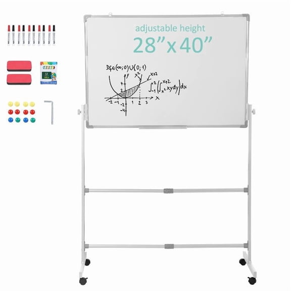 Korogimeeet Rolling Whiteboard with Stand, Double Sided Magnetic Dry Erase Board, Height Adjustable 40-75 Inch, 360 Locking Casters, 0.16mm Precision Enamel, Includes Full Accessory Set, 28 x 40in