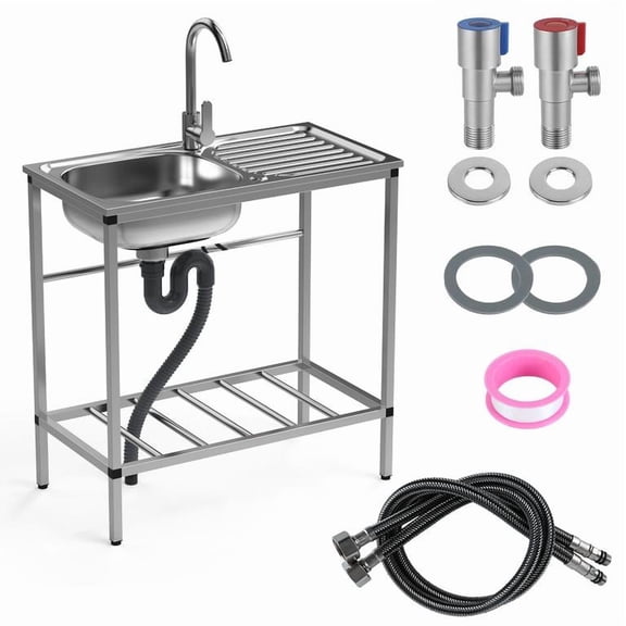 Korogimeeet Single Bowl Sink with Hot and Cold Water Faucet, Outdoor Utility Sink Stainless Steel, Freestanding with Storage Shelf, 360 Rotatable Faucet, for Kitchen Laundry Backyard
