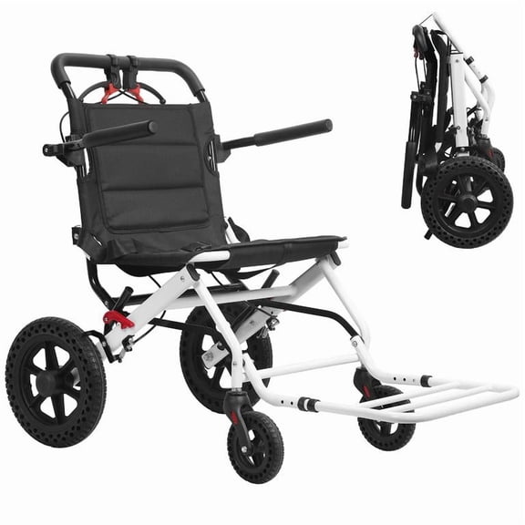 Korogimeeet Ultra Light Foldable Wheelchair, Carbon Steel Transport Chair for Travel, 12 Inch Rear Solid Tires, Telescopic Pull Handle, One-Second Folding, Fits Car Trunk, 40 x 20 x 34 Inch