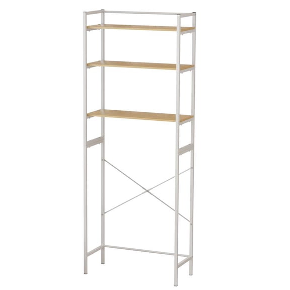 Korogimeeet White Laundry Organizer Shelf, Fits Washing Machine Width Within 25.6 Inch, Carbon Steel Rack with Hanging Rod, for Towels Small Pots, 27 x 12 x 71 Inch