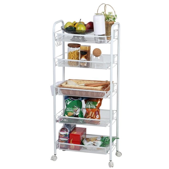 Korogimeeet White Rolling Basket Organizer 5 Tier, Stackable Metal Wire Cart with 4 Wheels, Ventilated Mesh Design, for Kitchen Snacks, 17 x 11 x 41 Inch