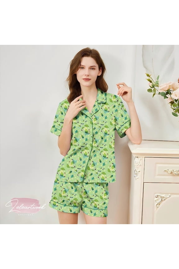 Korok Pattern Pajama Set Zelda-Inspired Green Sleepwear with Forest Spirit Print, Cozy Gamer Loungewear for Fans of Hyrule