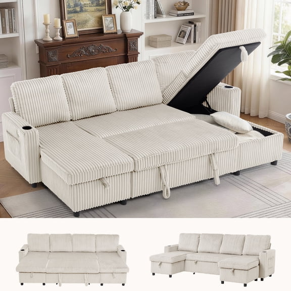 Korser 102" U Shaped Couch with Pull Out Bed,Convertible Corduroy Cloud Sofa with Double Storage Chaise,Sleeper Sectional Sofa with USB & Type-C Ports for Living Room,Apartment,Beige